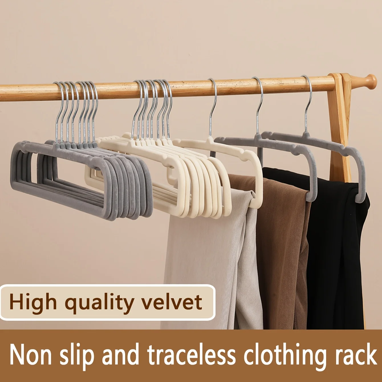 20-piece Set of Velvet-coated, Non-slip Plastic Pant Hangers; Heavy-duty Hangers; Sturdy and Durable; Available in Beige, Gray