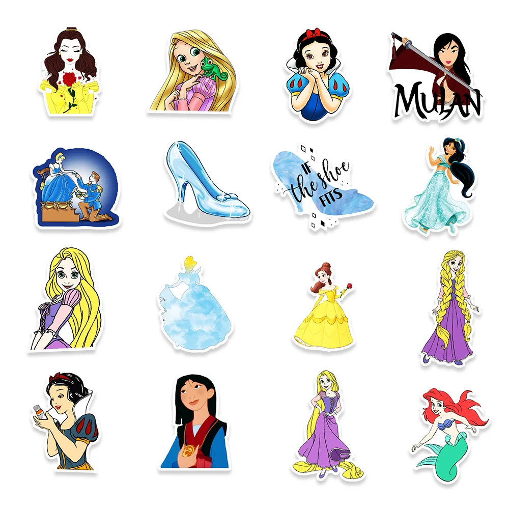 Pegatinas de Graffiti de princesa Disney, calcomanías de dibujos animados de Blancanieves, Rapunzel, Mulan, para teléfono, guitarra y equipaje, 10/30/50 piezas