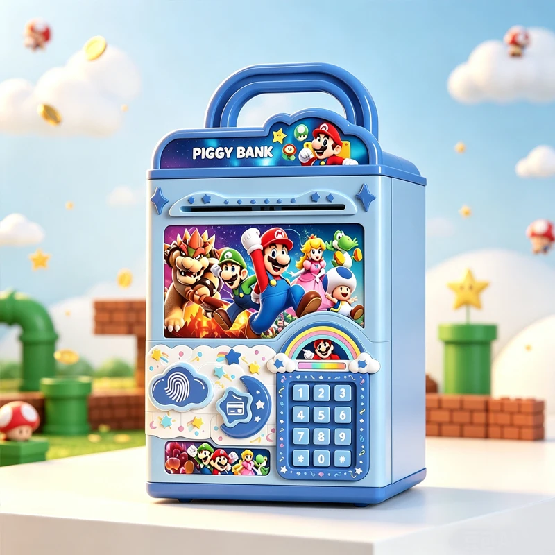 Kawaii Mario Piggy Bank Fingerprint Password Auto Scroll Cash Colorful Light Music Bilingual Educational Money Box Kids Toy Gift view 4