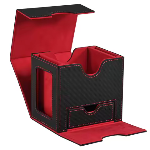 Card Deck Box with two display window and dice tray Holds 100+ Double Sleeved Cards,PU Leather Card Box Fit for TCG CCG Card