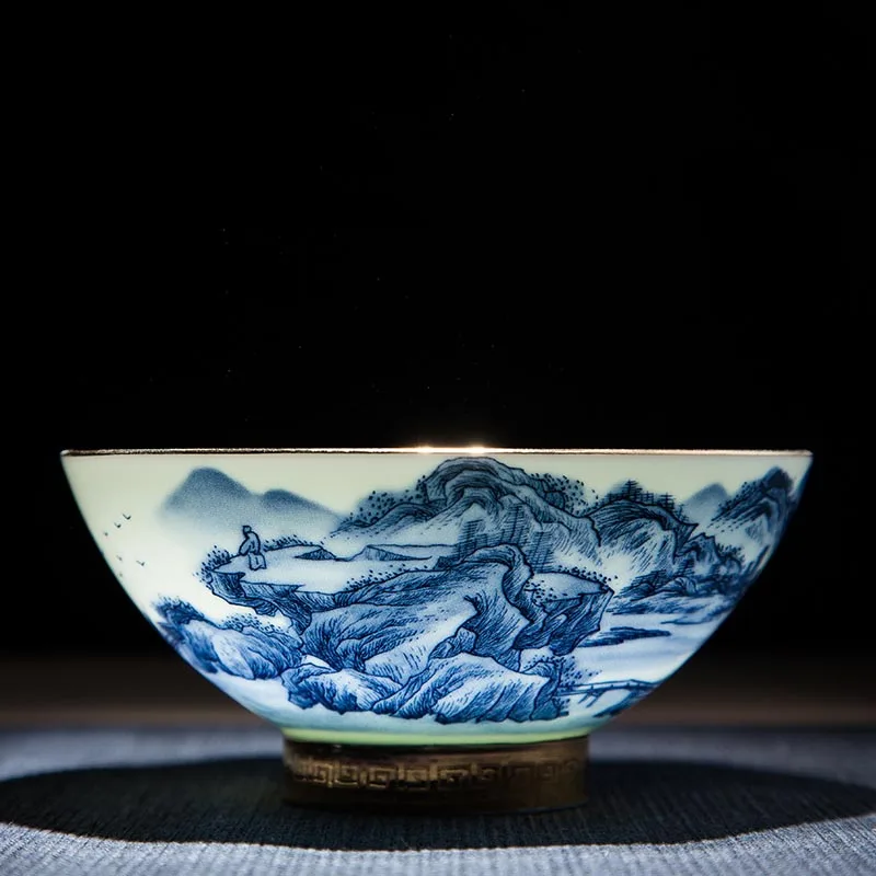 

5-дюймовый сине-белый фарфор Цзиндэчжэнь с золотым краем, художественная миска для риса, китайские костяные фарфоровые миски для рамэна, керамический контейнер для еды