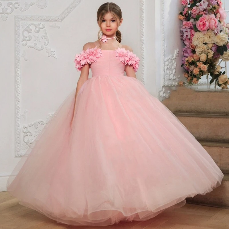 

Flower Girl Dresses Pink Tulle Puffy With Flowers And Petals Off Shoulder For Wedding Birthday Party Banquet Princess Gowns