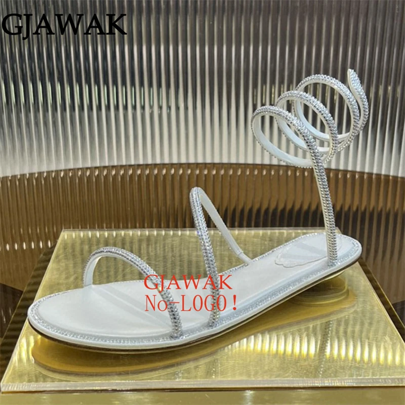 Summer Gladiator Sandals Woman Rhinestone Snake Twine Around Ankle Strap Wedding Party Shoes Women Flat Sandals Women Sandalias