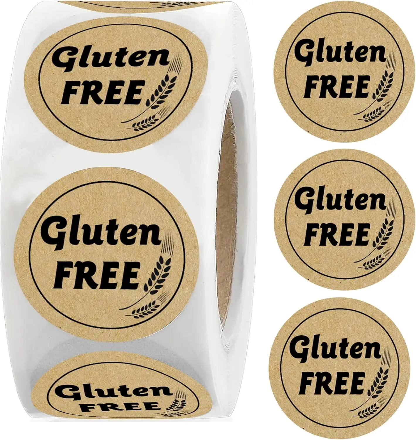 1.5 inch Gluten Free Brown Kraft Stickers Gluten Food Rotating Label Stickers for Gluten Free Food Retail Package 500pcs