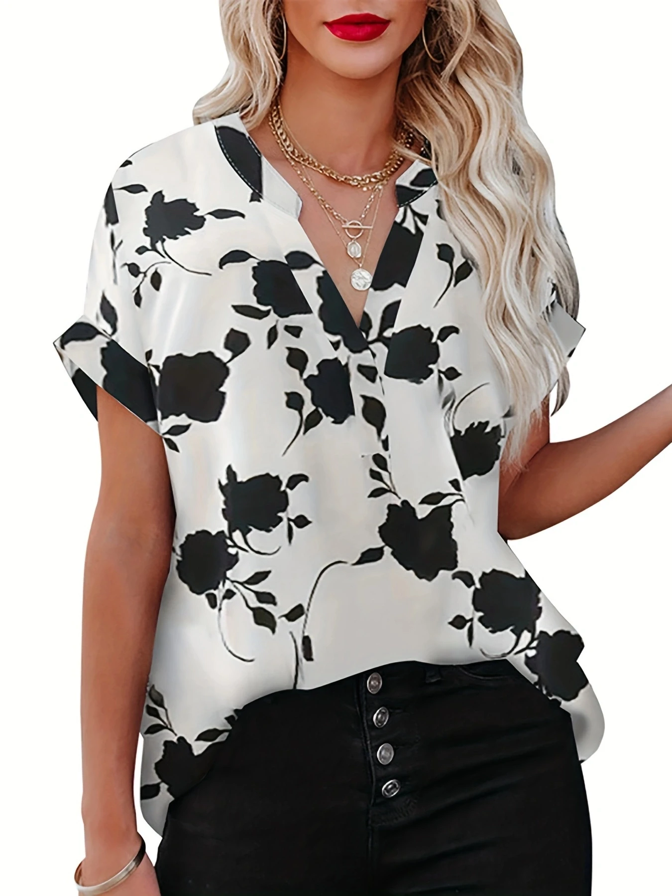 Spring Summer Women Fashion Elegant Floral Printed V-Neck Short Sleeve Casual Loose Blouse Pullover Tops