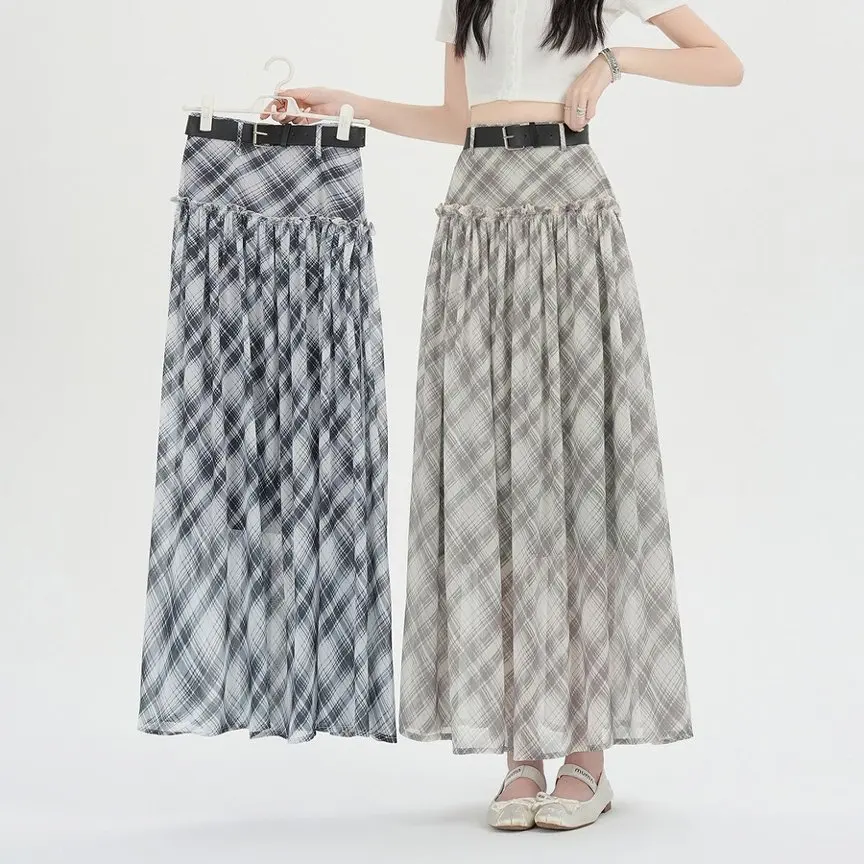 

Qiukichonson Mid Long Skirts Women Plaid Skirt 2026 Korean Vintage Spring Summer High Waist Ruffles Check Skirt Maxi With Belt