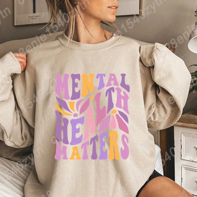 Tops de moda para mujer, jerseys con estampado de flores para la salud Mental, jerséis de cuello redondo, sudaderas deportivas informales de manga larga para exteriores sin capucha