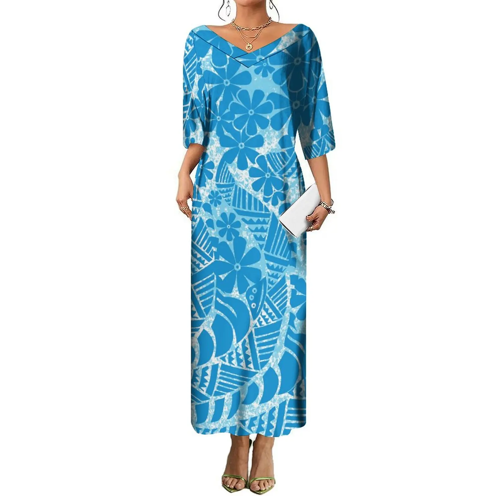 

Factory Outlet Polynesian Tribal Design Style Women Comfort Big Size V Neck Dress Elegant Charming Women Short Sleeve Dress