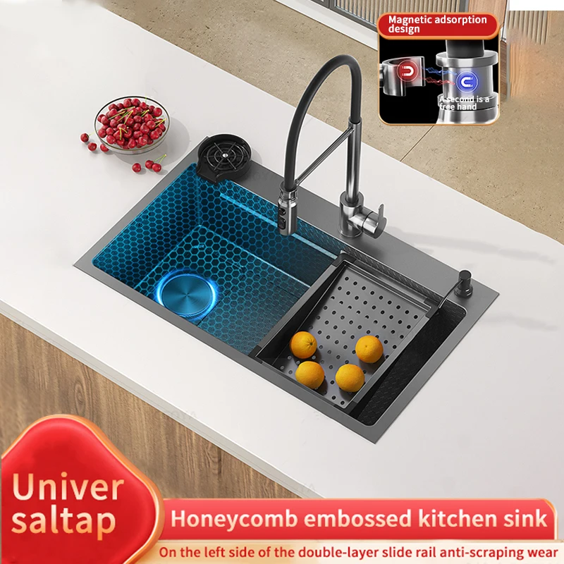 

Nano Kitchen Sink Stainless Steel Large Single Solt Embossed Washbasin Thickened Under Counter Left Side Undermount