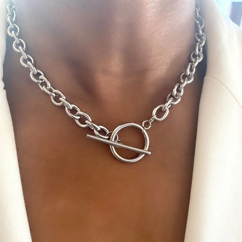 1pc 2023 Simple Toggle Clasp Stainless Steel Chain Necklace Fashion New Chunky Chain Necklace for Men Women Silver Color Jewelry