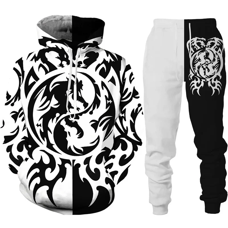 Conjunto de moletom com capuz retro dragão tatuagem impressão 3d masculino agasalho casual oversized solto pulôver terno calças streetwear moda homem roupas