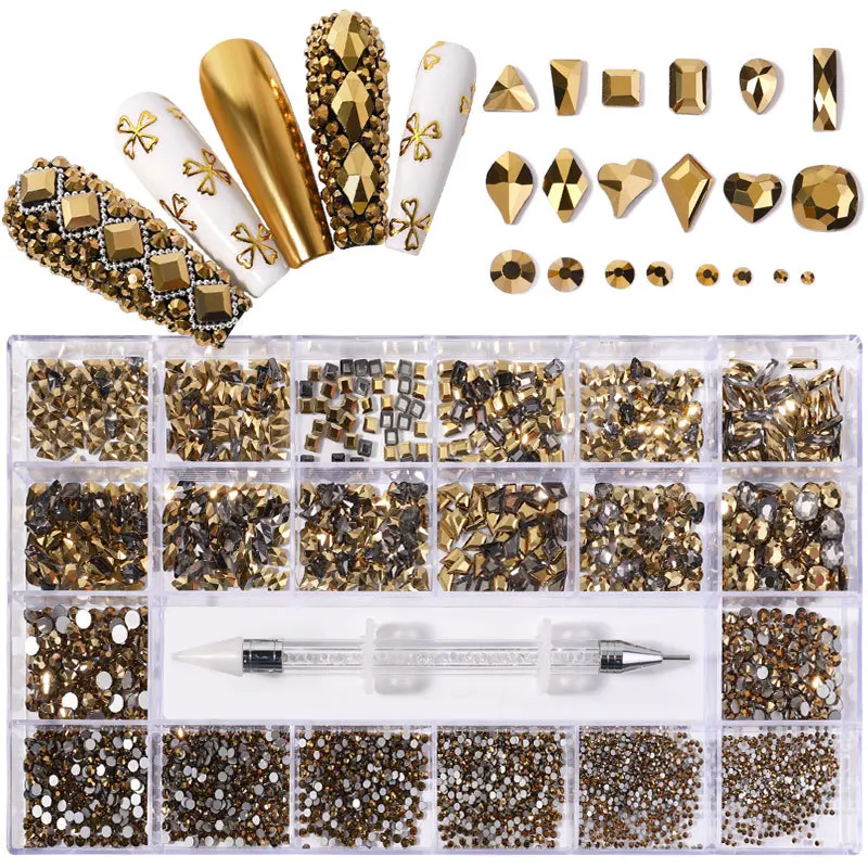 

Luxury Shiny Nail Art Rhinestones Crystal Decorations Set AB GlassPick Up Pen In Grids Box 21 Shape