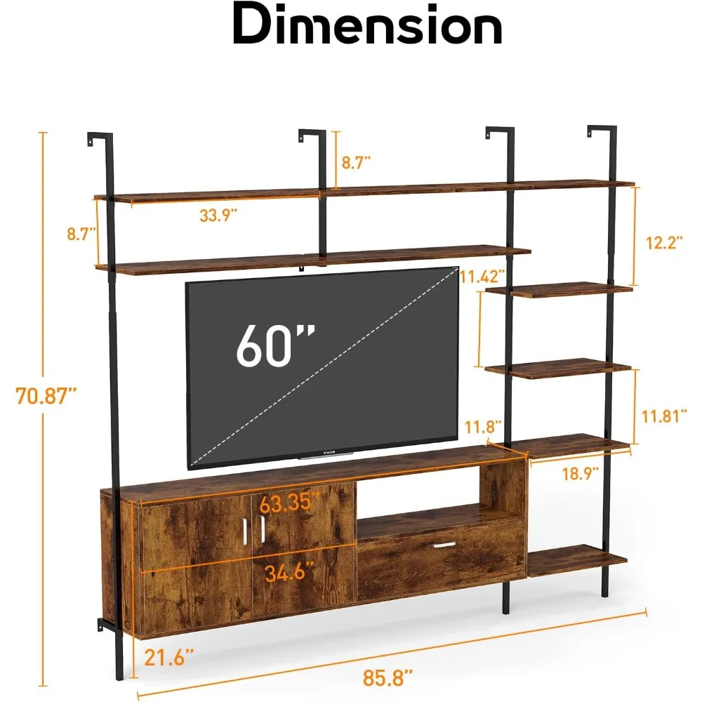 Unidade de parede do centro de entretenimento de estilo industrial para TVs de 55-60 polegadas com estantes e prateleiras ajustáveis