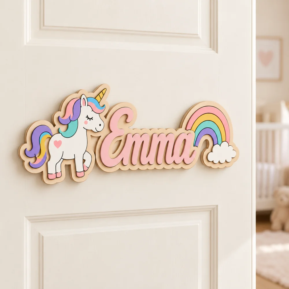 1Pc Magical Unicorn Wooden Double-Layer Custom Name/Text Door Plaque, Room Door Sign Wall Hanging, Creative Ornament Nameplate