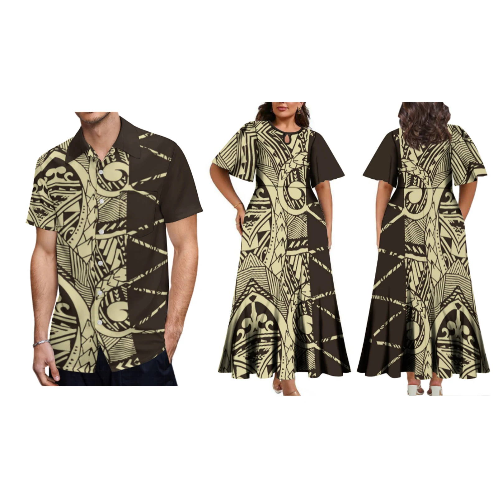 2024 Polynesian Style O-Neck Split Design Women'S Dress Pacific Islands Art Men'S Shirt 2024 New Wave Printed Couple'S Costume