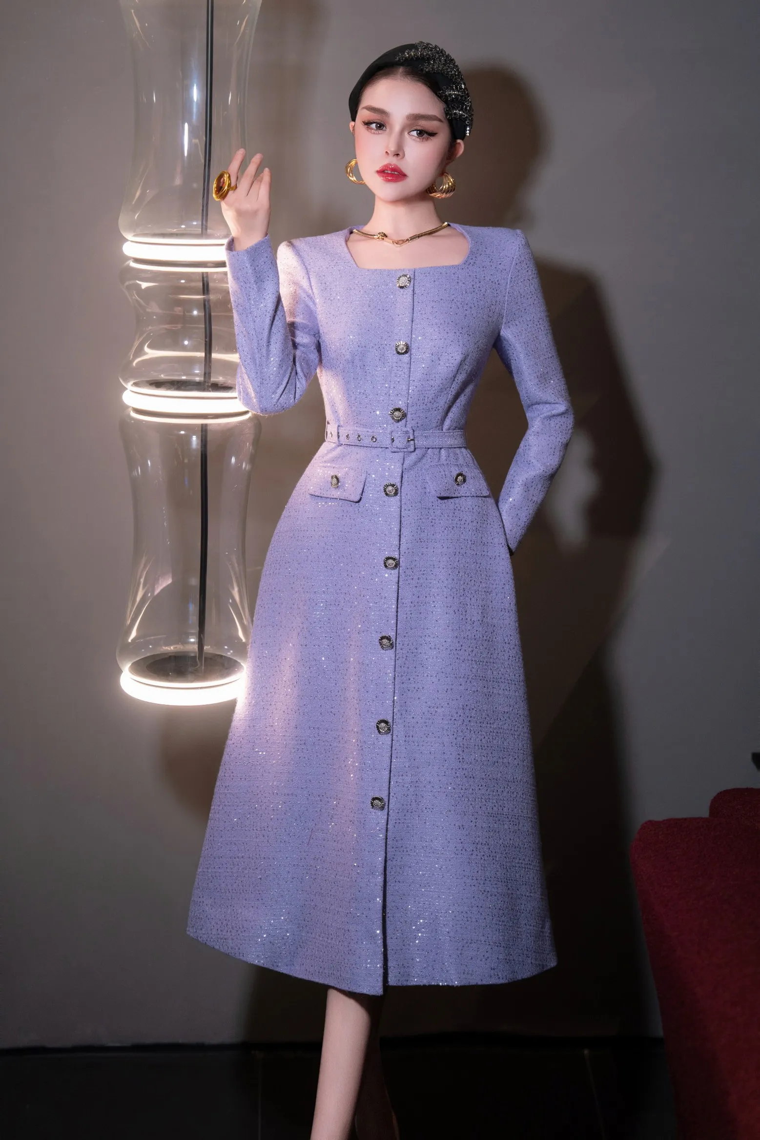 ZJYT Autumn Winter Long Sleeve Sequined Tweed Dresses for Women Elegant  Square Collar Midi Red Party Dress Ladies Vestidos 2025 - AliExpress  200000345