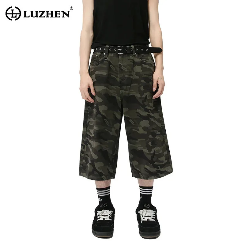 

LUZHEN Fashion Camouflage Wide Leg Seven-point Denim Pants Casual Streetwear Baggy Straight Short Retro Washed Jeans Male LZ5294