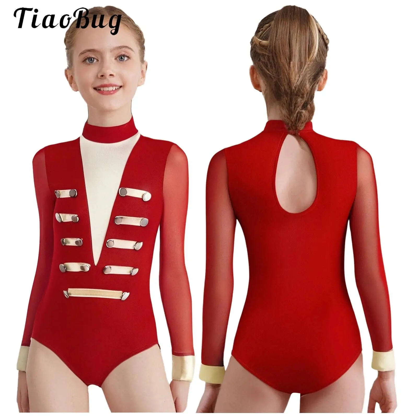 

Sheer Mesh Long Sleeves Kids Girls Ballet Jersey Dance Jumpsuit Rhythmic Gymnastics Figure Ice Skating Leotard Bodysuit Costume