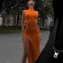 Y2k Sleeveless Orange Midi Women's Dresses Side Slit Turtleneck Setting Bodycon Sexy Party Elegant Dress 2024 Basic Vintage Robe