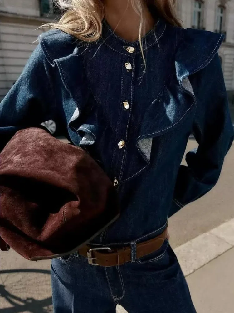 

Повседневная синяя джинсовая куртка с лацканами, женская шикарная однотонная лоскутная однобортная свободная короткая куртка с рюшами, женская новая уличная одежда