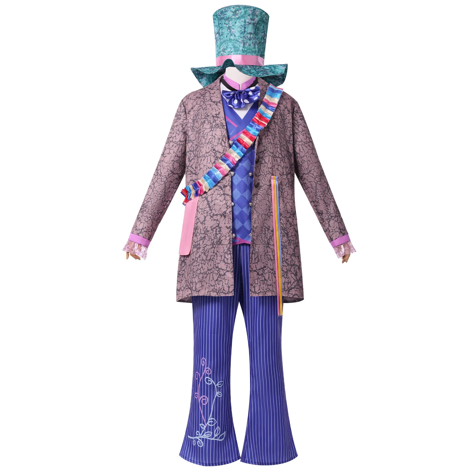 

Halloween Mad Hatter Cosplay Costume Purple Vest Pants Hat Coat Full Set Tarrant Hightopp Role Play Outfit for Men Theme Party