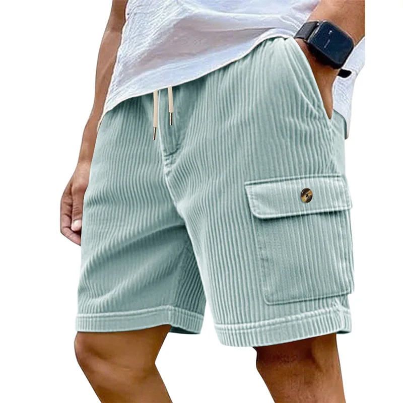 Men's Corduroy Cargo Shorts Elastic Waist Drawstring Multi-Pocket Casual Summer Shorts