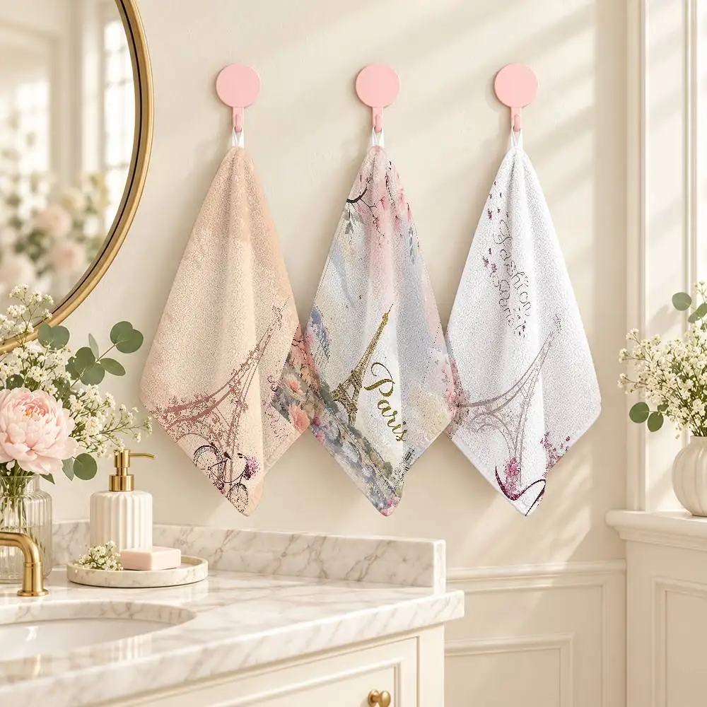 Vintage Eiffel Tower Soft Printed Wash Towel Polyester Cotton Small Hand Towel For Sink Bathroom Kitchen Daily Use