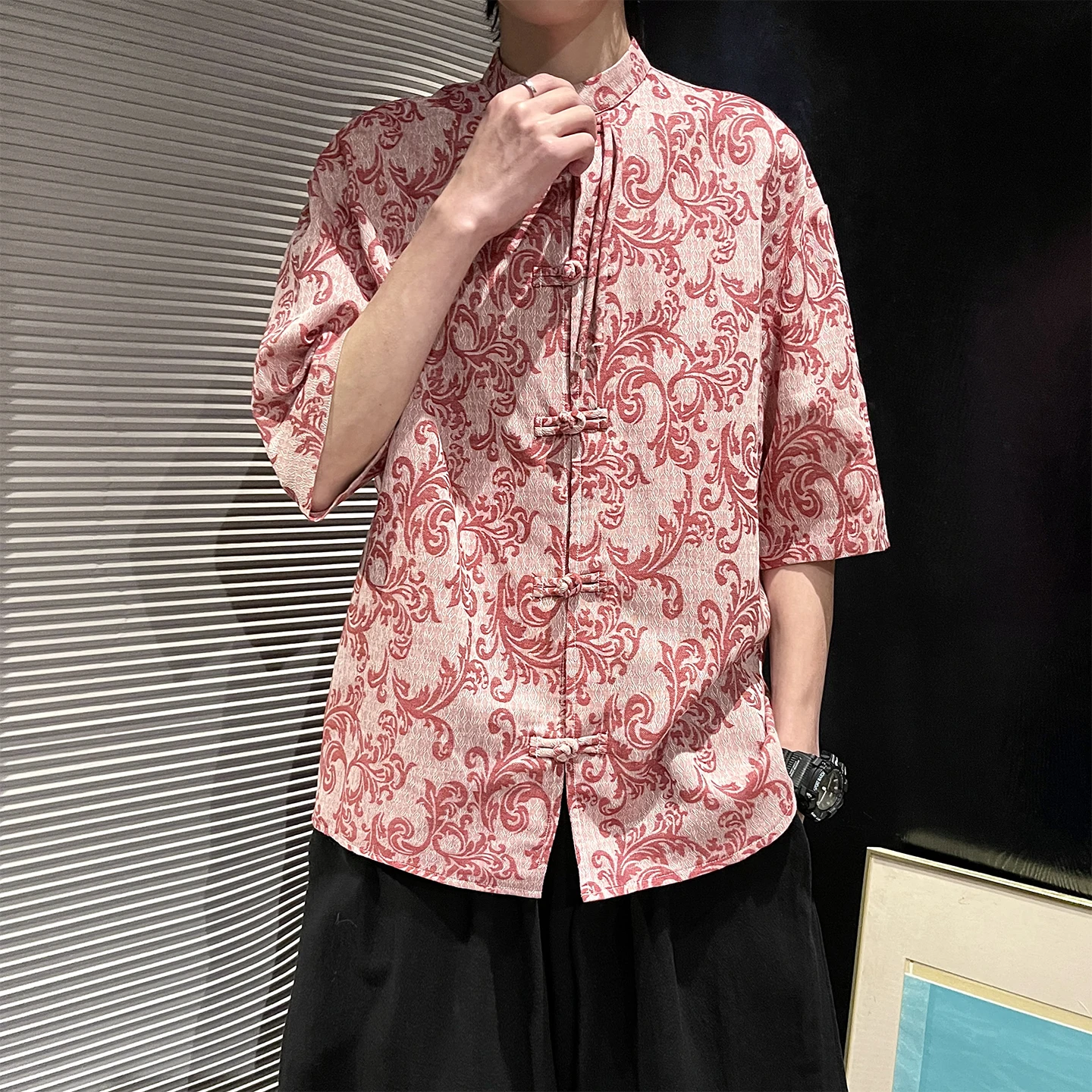 

plus Size Men's Summer Hanfu Shirt M-XXXXXL Jacquard Chinese Style Tunic Collar Short Sleeve with Frog Buttons 5XL