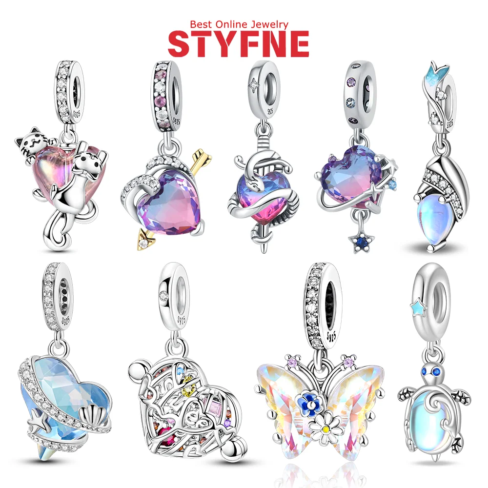 

Sterling Silver 925 Colored Zircon Heart-shaped Pendant Beads Charm Fit Original Bracelet Jewelry Making Fine Gift for Women