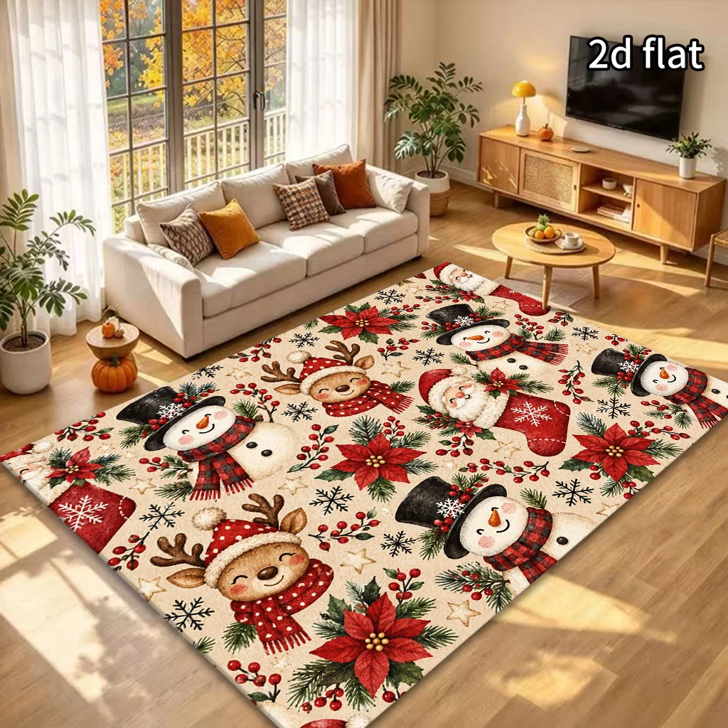 2D Flat Christmas Character Area Rug, Beige Background Snowman Santa Reindeer Poinsettia Print, Floor Decor for Living Room