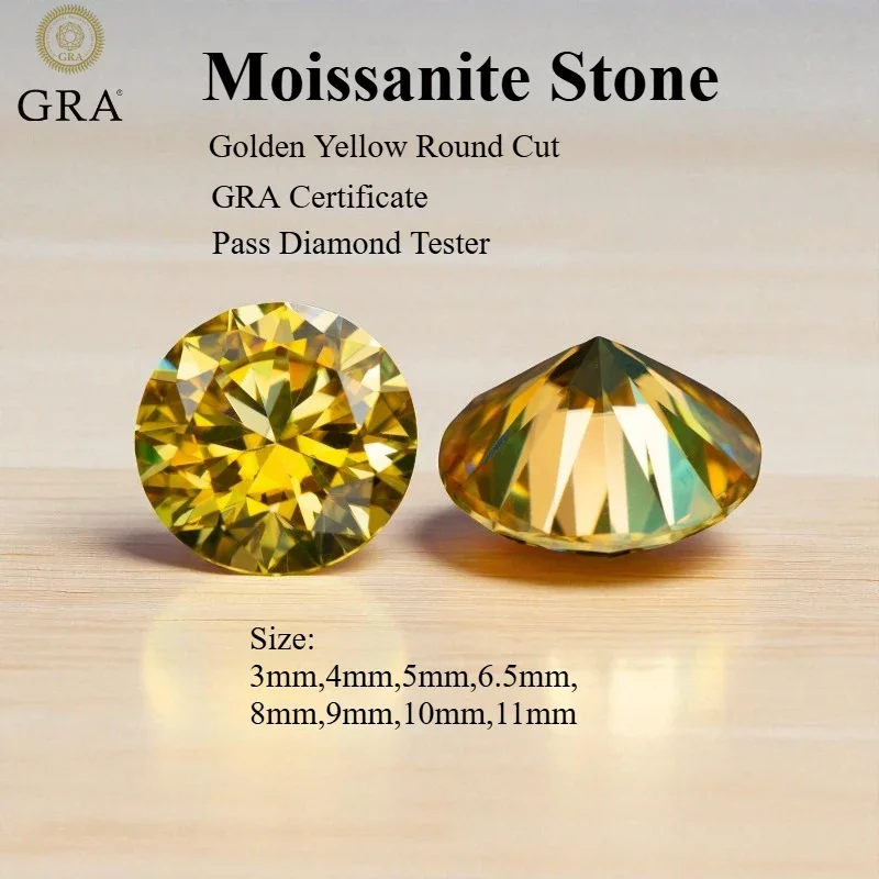 

Moissanite Stone Round Cut Golden Yellow Pass Diamond Tester Charms Jewelry Making Materials With GRA Certificate