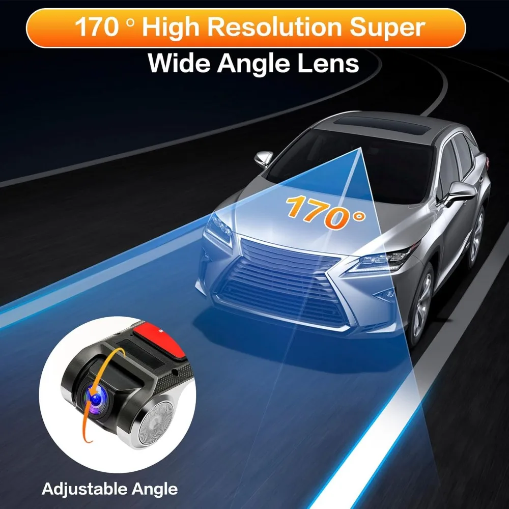 مسجل فيديو كاميرا USB للسيارة DVR، تسجيل حلقي ADAS، كاميرا داش، مع بطاقة SD سعة 32 جيجابايت، وضع ركن السيارة 24 ساعة، مسجل قيادة LDWS FCWS