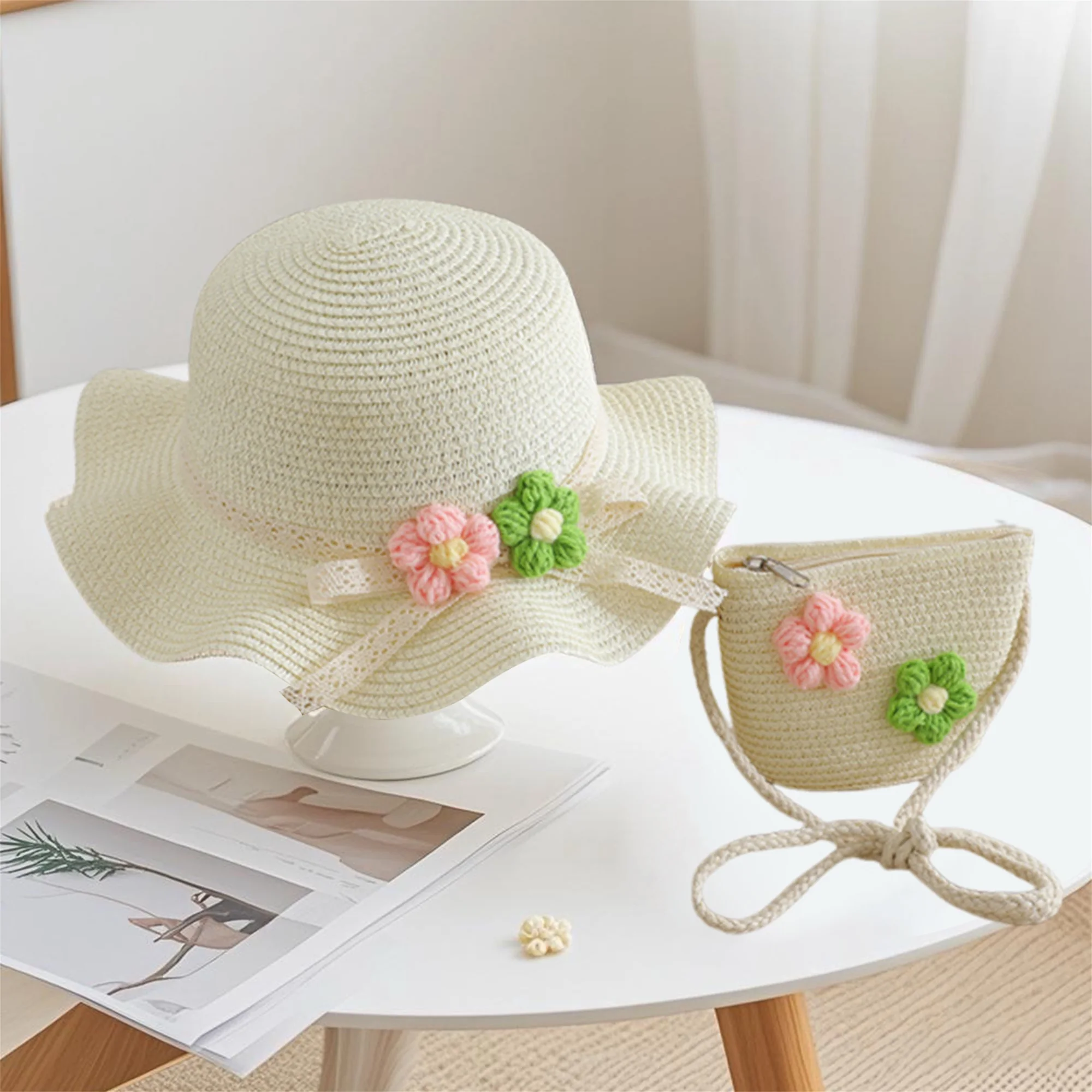 

Летняя шляпа от солнца для девочек и сумка-тоут с 3D цветочными украшениями, кружевными деталями, широкими полями и регулируемым ремешком через плечо