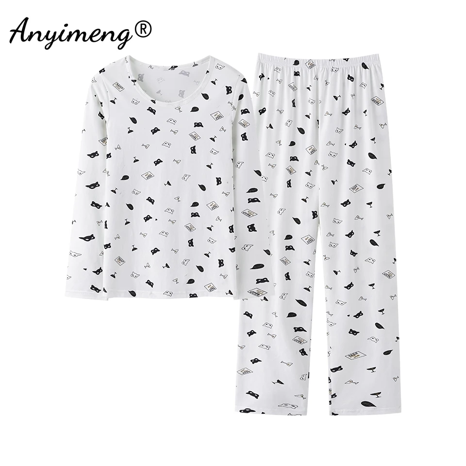 Kawaii Faux Cotton Cartoon Pajamas Set Women Long Sleeves Nightwear Autumn Spring Young Lady Sleepwear Slim Underwear for Girl