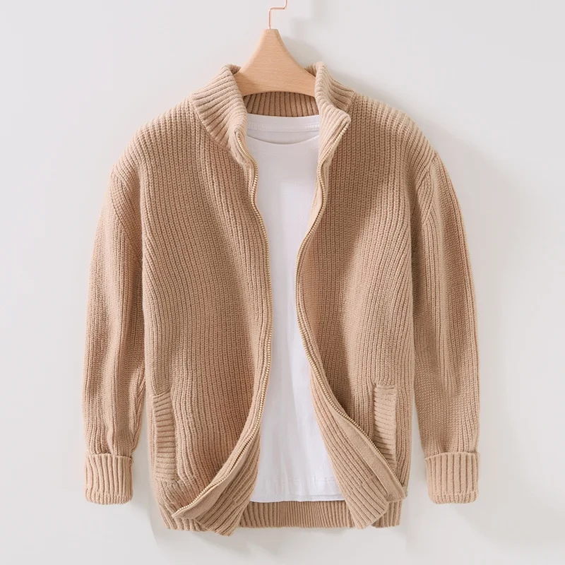 メンズ長袖スタンドカラーニットジップアップジャケット,厚手の暖かいニットカーディガン,Knitwearセーター,秋冬