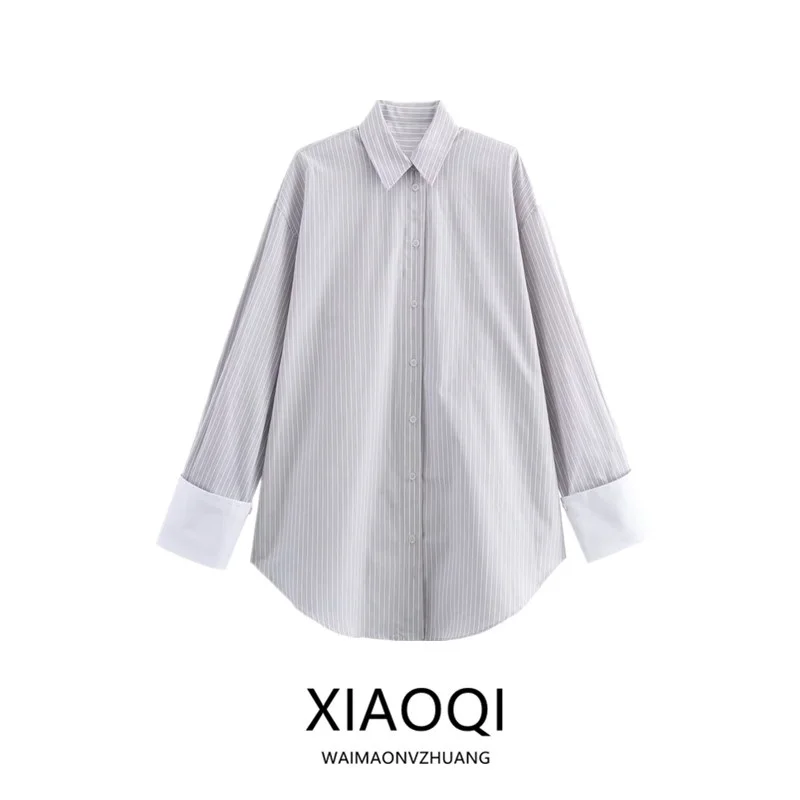 

Autumn 2024 Women's Faionable Striped Loose Silk Long Sve Collared irt Versatile New Arrival Ele Casual Busin