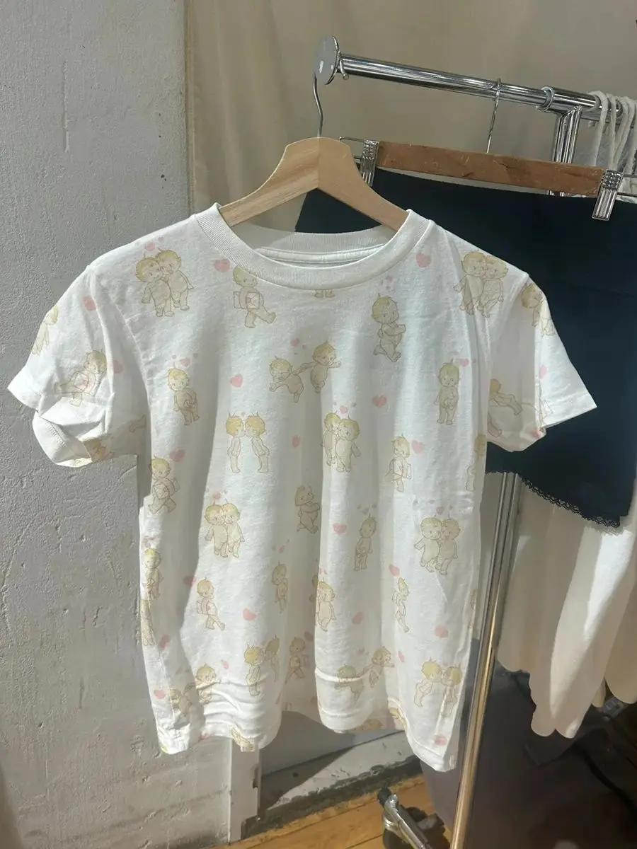 Angel Baby Heart Print T-shirt Shorts Set Woman Short Sleeve Tee+Straight Sweatshorts Sweet Cute Cotton Home Pajama 2 Piece Sets