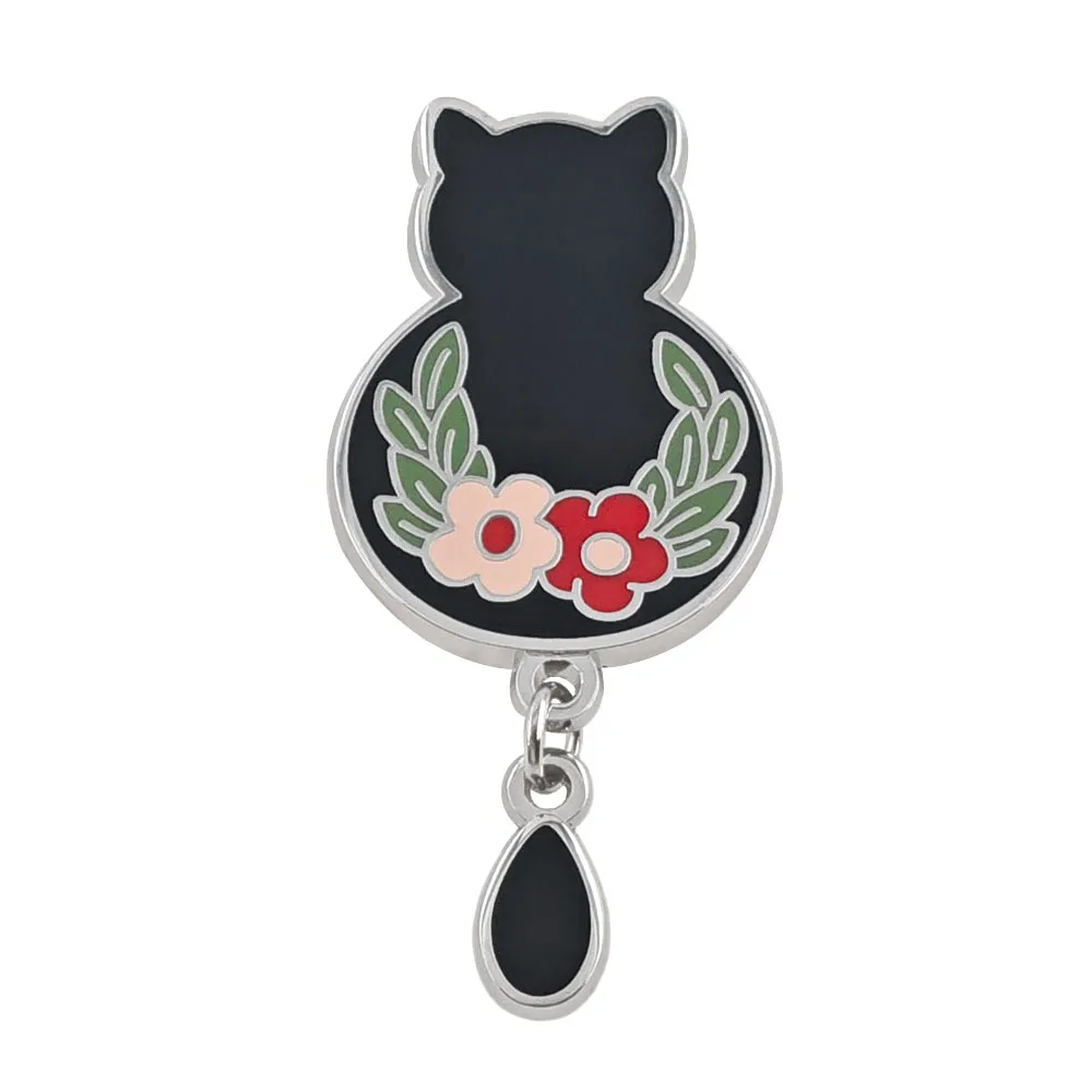 Niedliche Schwarze Katze Emaille-Pin Blumenkranz Anhänger-Brosche Kawaii Kätzchen Tropfenform Quasten-Abzeichen Tier-Reversnadel Schmuck Geschenk für Katzenliebhaber – Detail 1