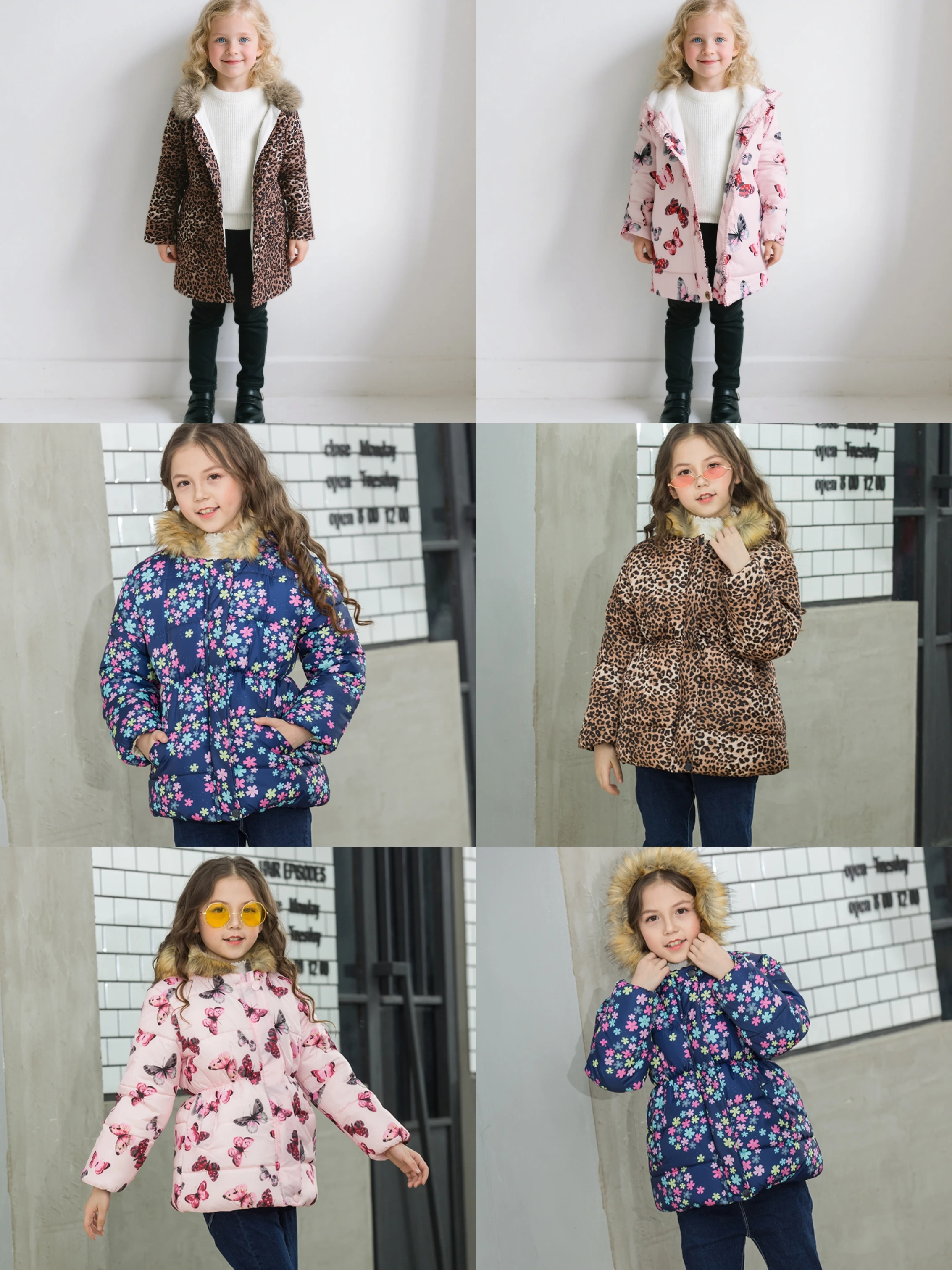 Winter new style girls' 3-11 year old waist cinched warm casual cotton coat with thickened fur collar and hat cotton jacket