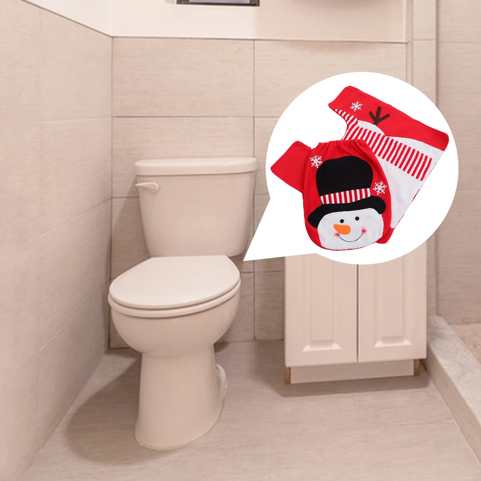 

1Set Christmas Toilet Floor Pad Set Xmas Toilet Lid Protector Snowman Theme Decor for Bathroom Removable Easy Care Polyester Mat