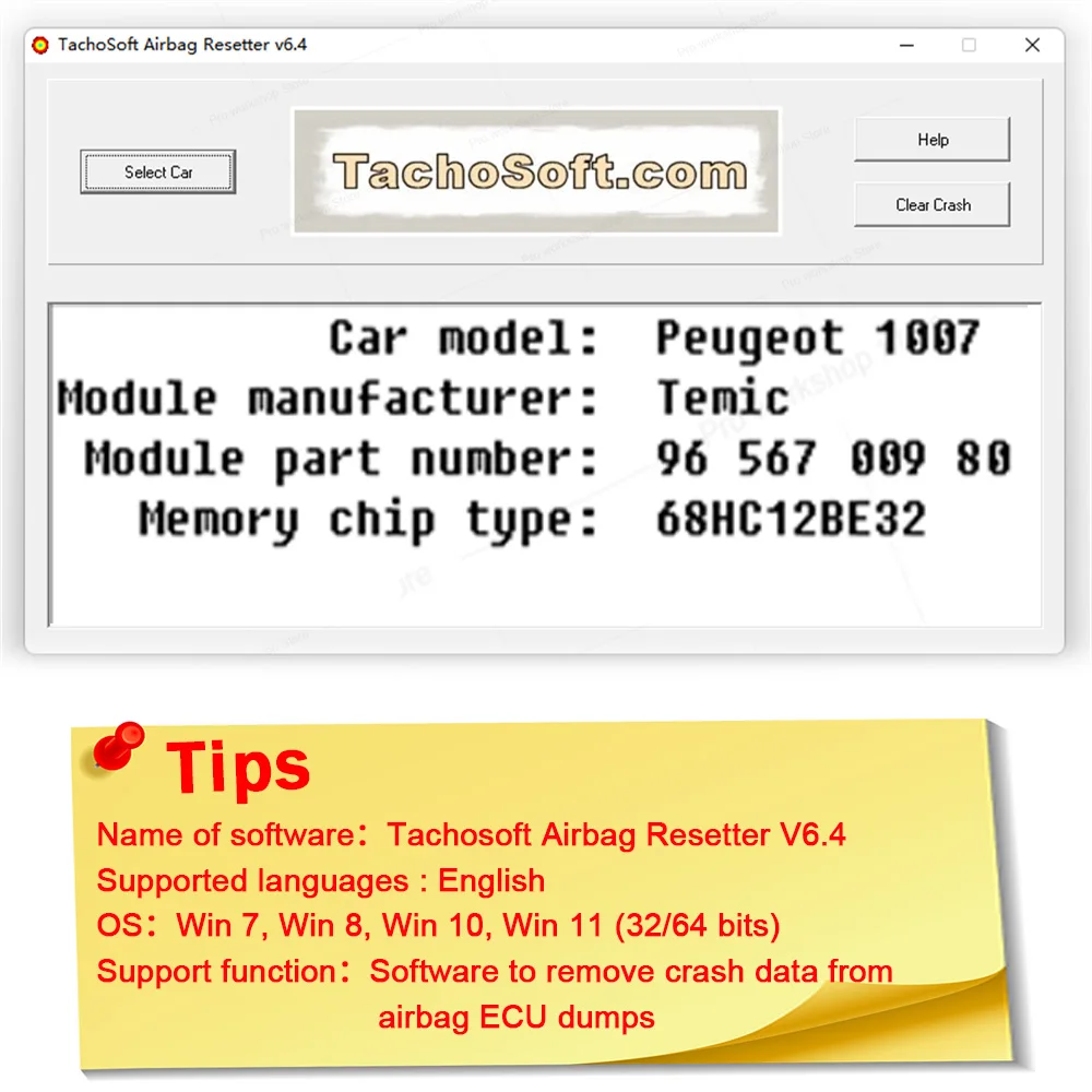 Tachosoft Airbag Resetter V6.4 for Deleting Crashdata from Airbag ECU Dumps Car Software to remove crash data from airbag ECU