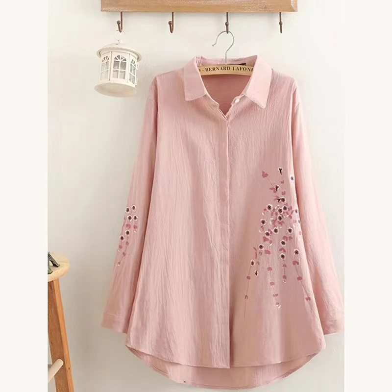 Ln The Spring 2025 Long Embroidered Cotton Linen Shirts In Large Size Female Wear Loose Fashion Blouse Embroidered Coat