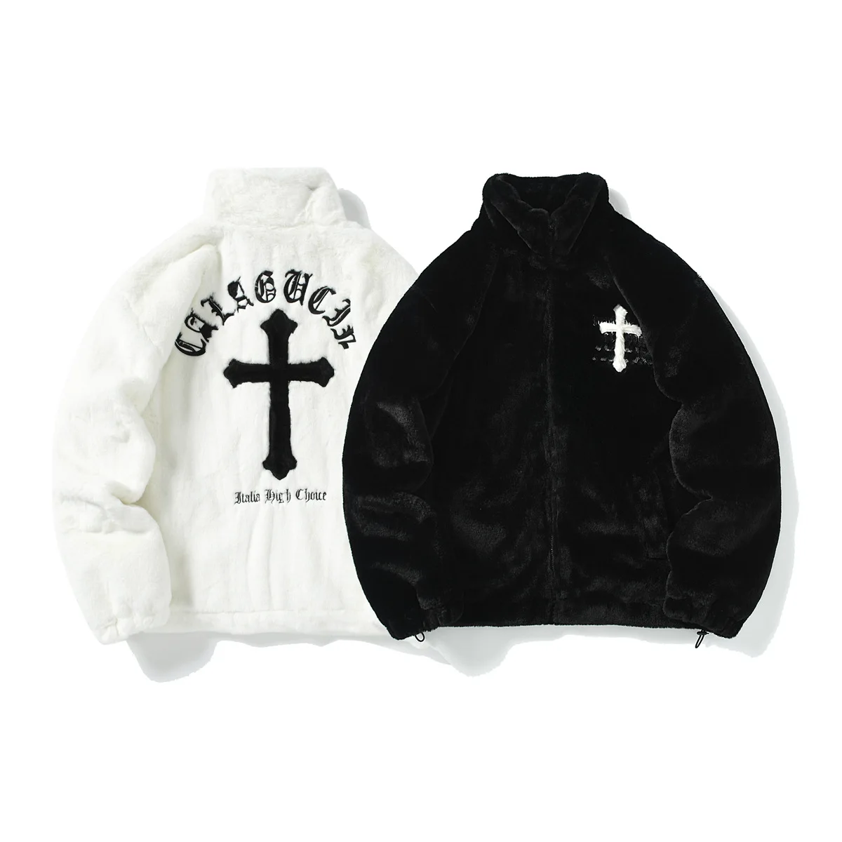 

Hiphop Cross Graphic Shearling Jacket For Man, Stand Collar Woman Fleece Lined Coats, American Streetwear Oversized Mens Coat
