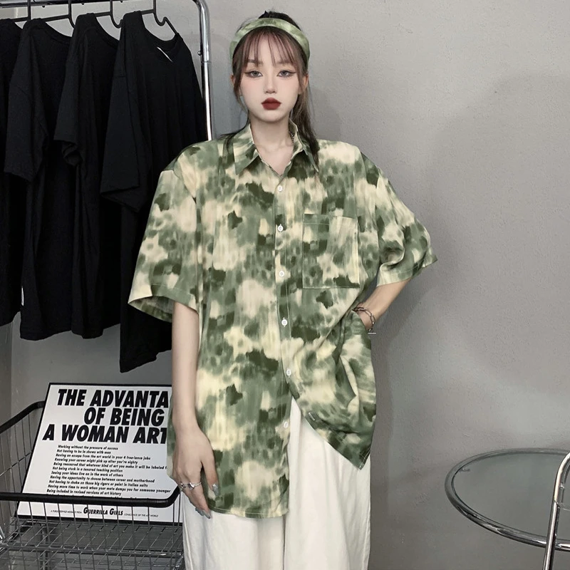 Harajuke Vintage Tie-dye Button Down Blouses Summer New Loose Pleated Short Sleeve Oversized Shirts for Women