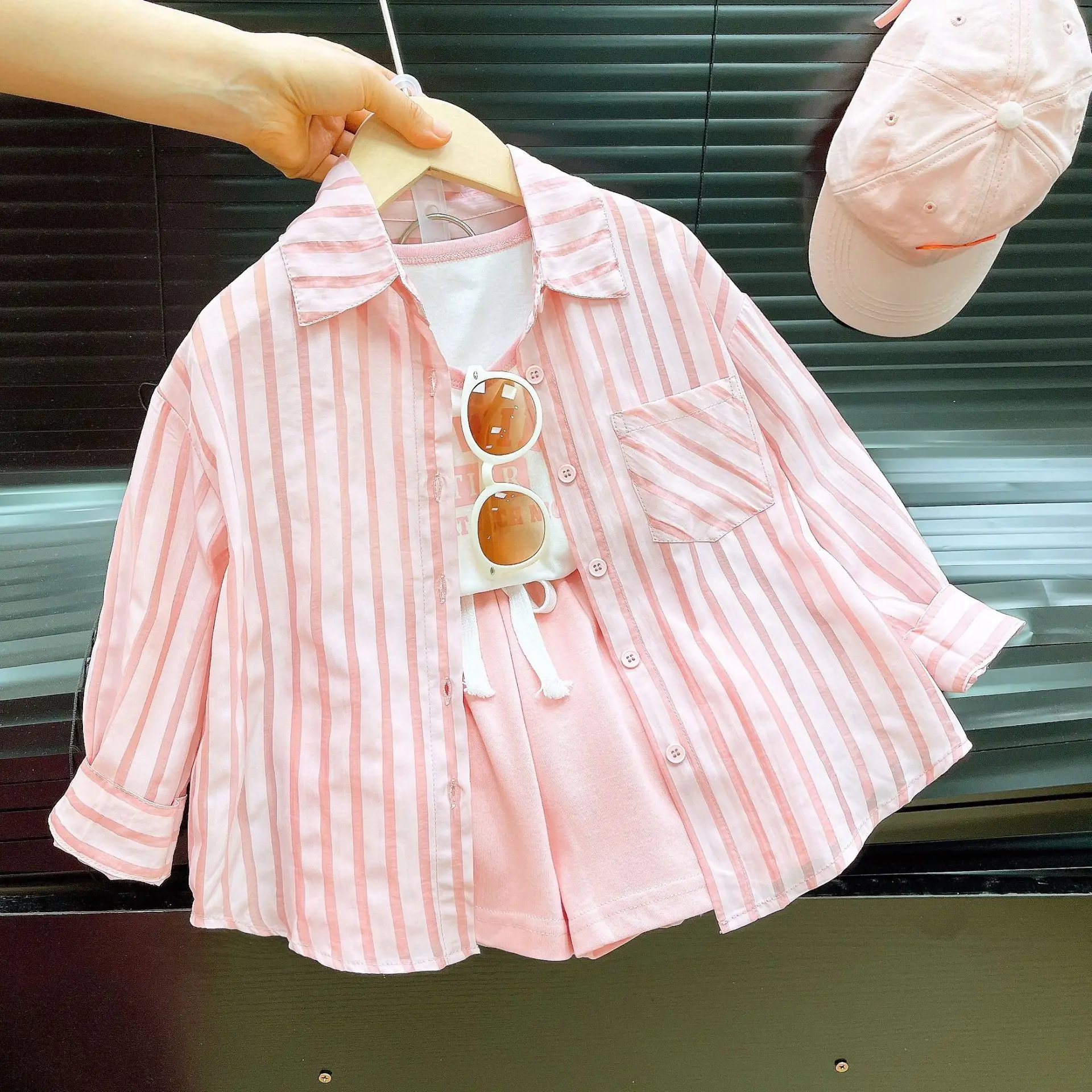 3Pcs Girls Clothes Sets Summer Letter Vest+Stripe Sun UV Protection Shirt+Shorts Casual Suit For 3-8Y Girls Sunscreen Outfit