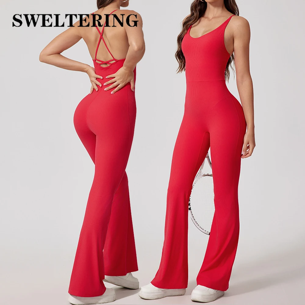 Women Thread Yoga Jumpsuit Sleeveless Gym Tracksuits Flared Overalls Workout Bodysuits Sportswear Female Sports One-Piece Outfit