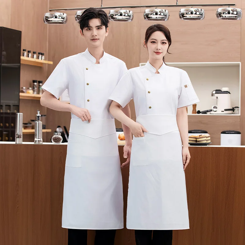 Uniforme de Chef de manga corta para hombre, chaqueta de Chef de malla transpirable con delantal, abrigo de Chef de cocina para restaurante, ropa de trabajo negra para mujer con logo