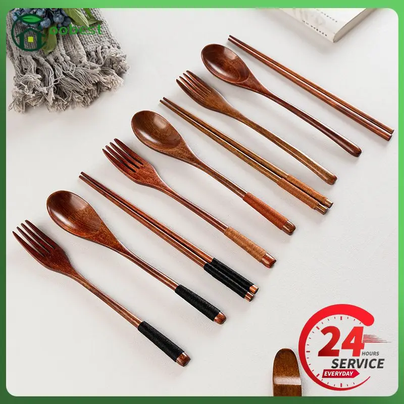 3pcs/Set Natural Wooden Tableware Fork Spoon Chopstickssolid Wood Long Handle Spoon Chopsticks Retro Style Portable Tableware 