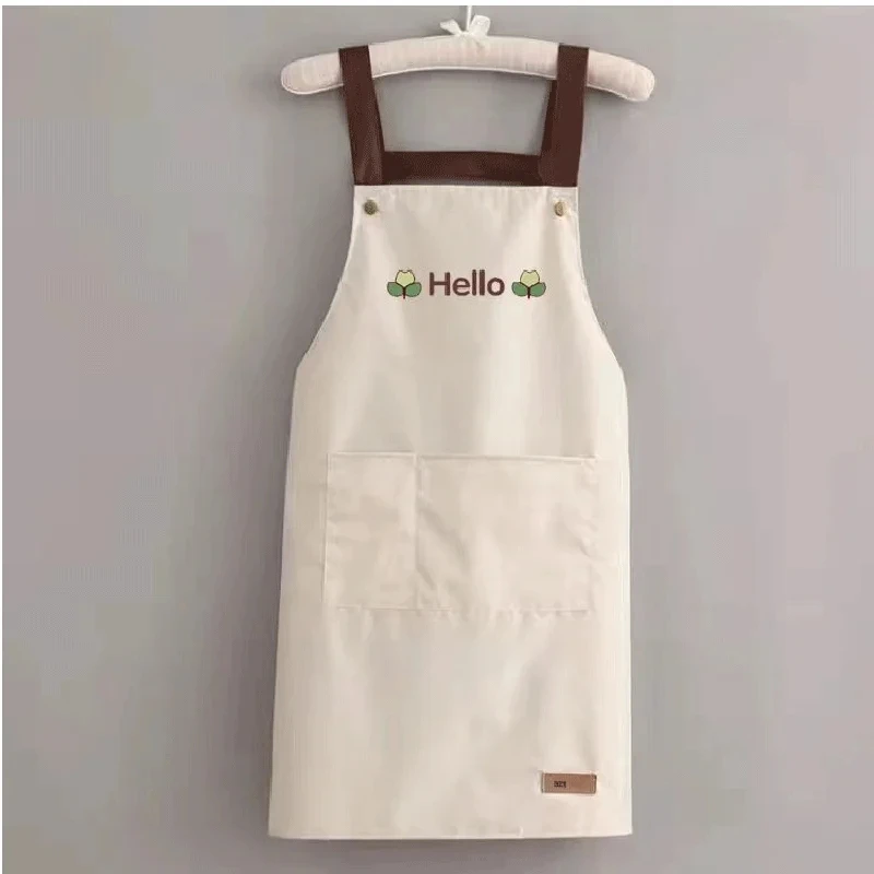 Hello Letter Printed Waterproof Apron Kitchen Cooking Home Large Pocket Storage Baking Shoulder Aprons Hotel Specific Practical