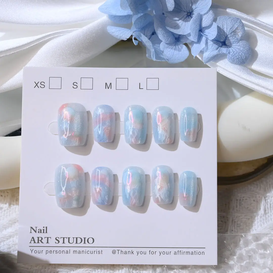 10 stuks vrouwen meisjes dromerige vissenstaart kwallen nieuwe handgemaakte cat eye druk op nagels afneembare tiener draagbare nail art nepnagels